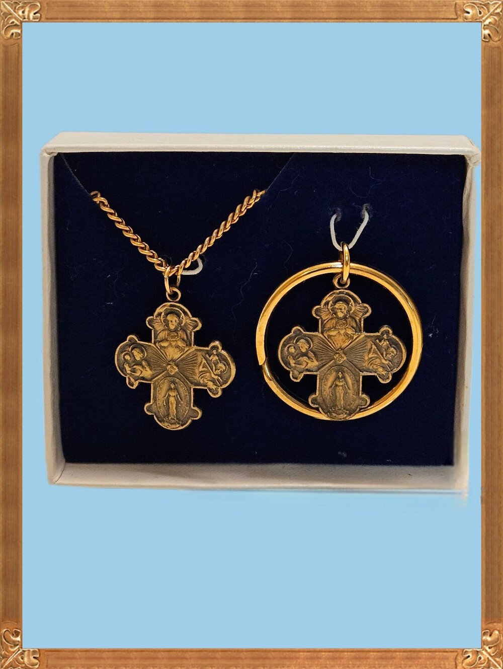 Brass Tone 4 Way Cross "I Am A Catholic" Necklace And Keyring Set